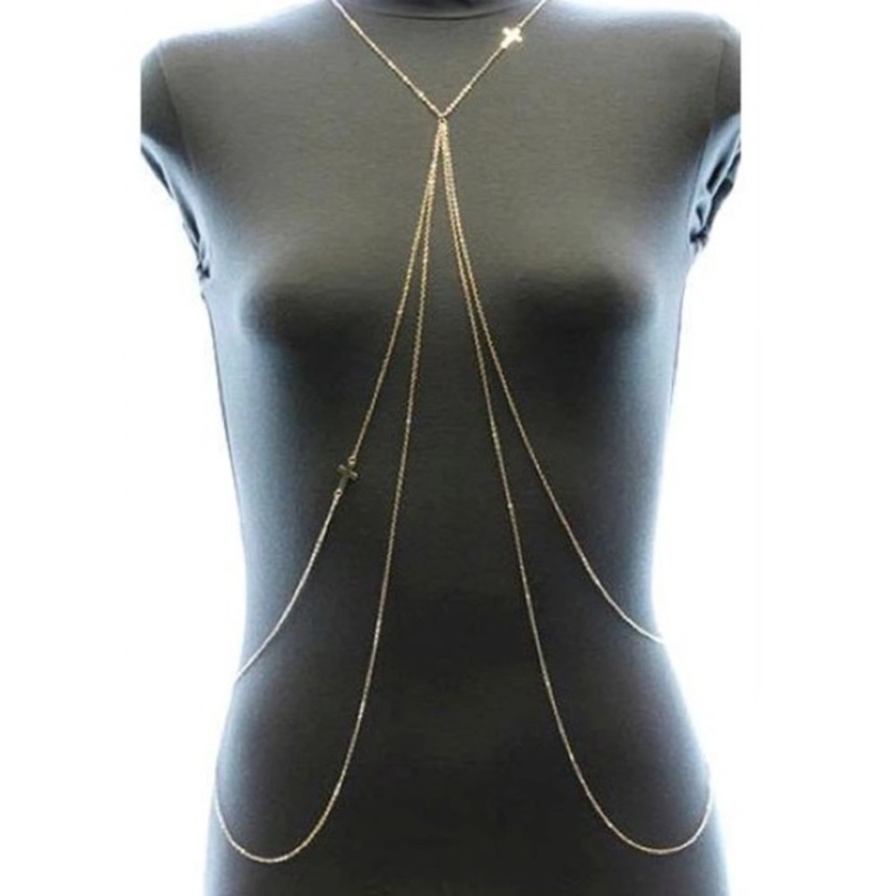 RIHANNA INSPIRED GOLD LAYERED CROSS BODY CHAIN - Picture 2 of 2